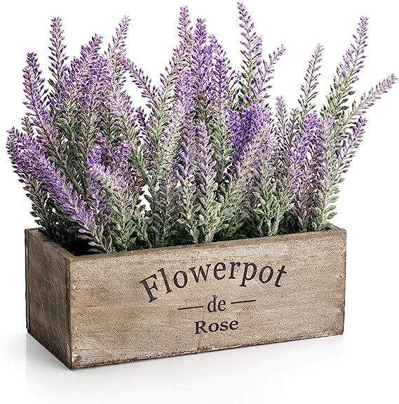 Velener Purple Artificial Lavender Flowers with Decorative Tray Wooden Box Plant Pot 9"- Faux Pla... | Amazon (US)