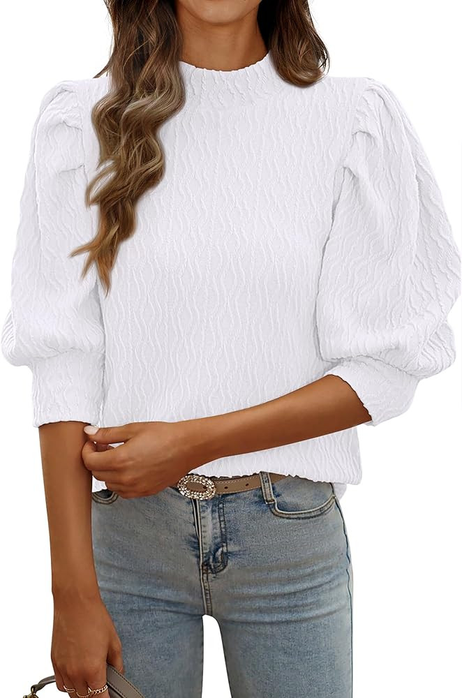 PRETTYGARDEN 3/4 Sleeve Tops for Women 2024 Dressy Casual Mock Neck Puff Texture Blouse Knit Work... | Amazon (US)