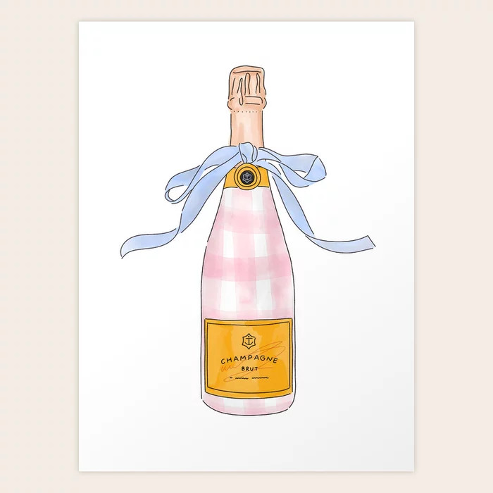 Pink Gingham Preppy Painted Champagne Bottle Art Print | Society6