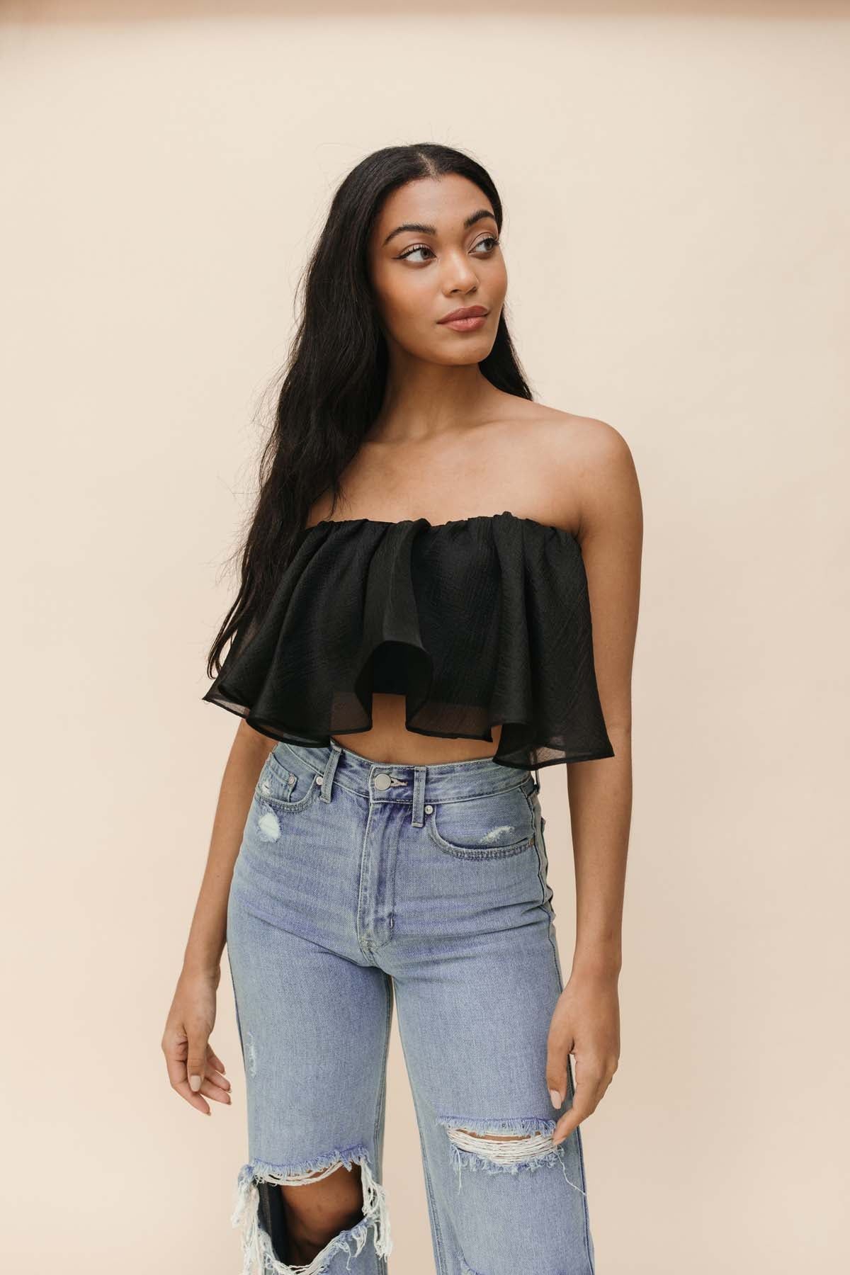Evie Black Ruffle Cropped Tube Top | The Post