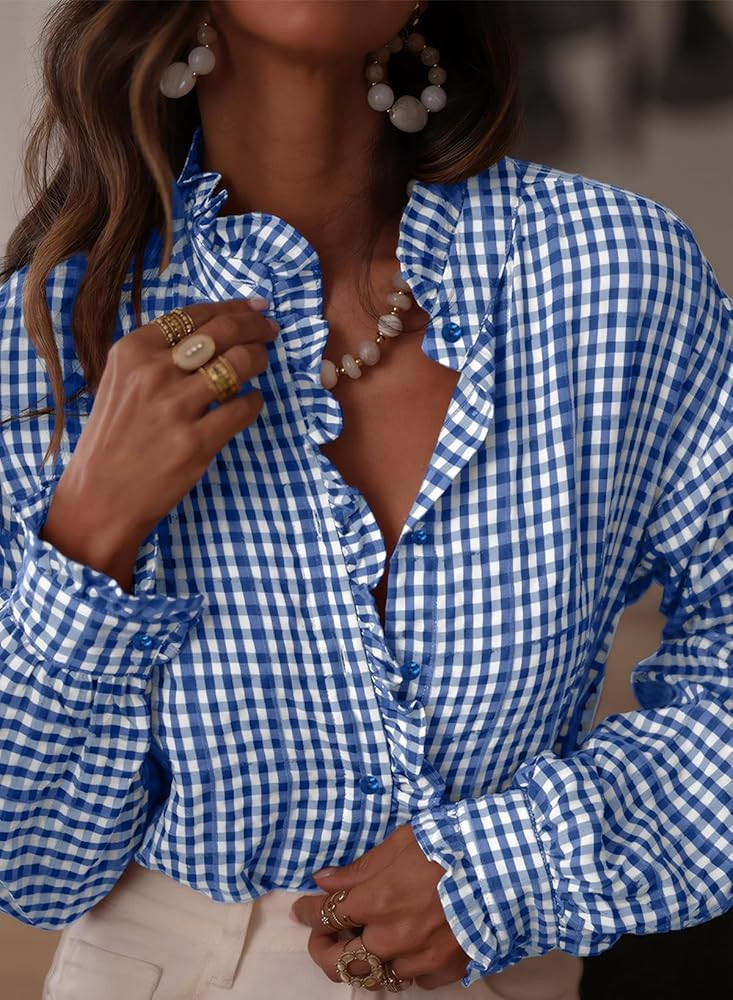 Astylish Womens Plaid Ruffle V Neck Button Down Blouse Casual Long Sleeve Gingham Trendy Tops Wor... | Amazon (US)