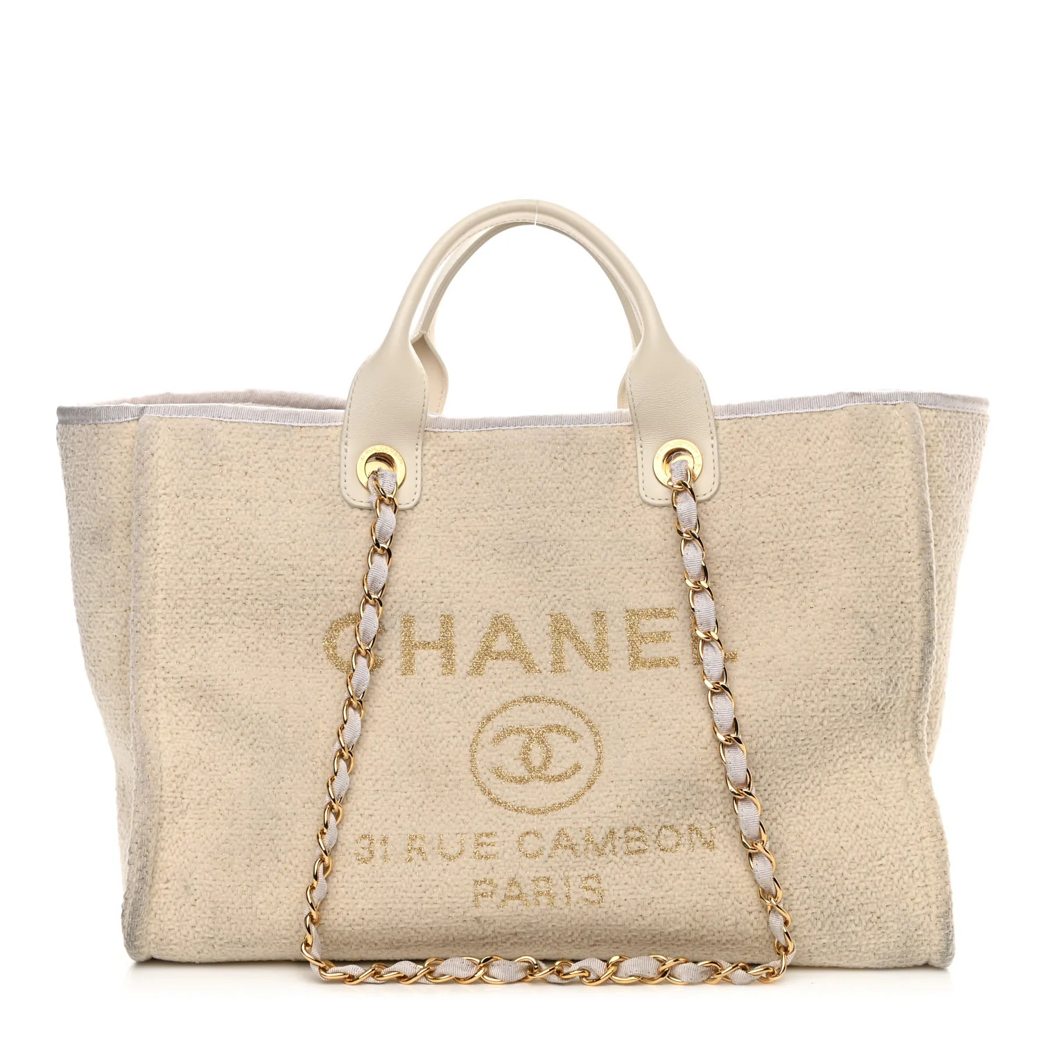 CHANEL Lurex Boucle Medium Deauville Tote White | FASHIONPHILE (US)