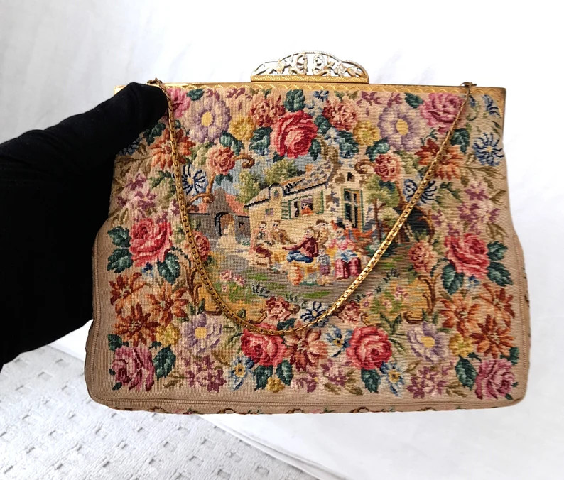 Scenic Figural Micro Petit Point 1950's Purse Bag Hand Embroidered Gilt Frame , Floral Micro Peti... | Etsy (US)