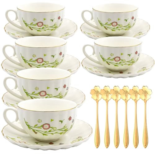 floral Tea Cups and Saucers Set of 6,ceramic coffee mug 7 OZ Espresso Cup and Saucer spoon Set,Ca... | Amazon (US)