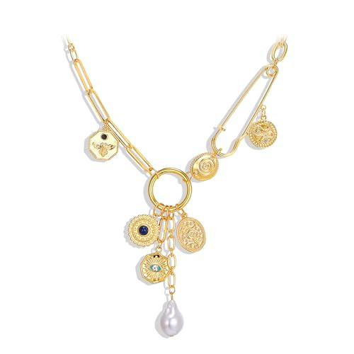 FANZE Charm Necklaces for Women,Evil Eyes Flower Coin Baroque Pearl Paperclip Chain Pendant Necklace Trendy Lucky Jewelry Gift for Holiday Valentine Chrismas Halloween Party | Amazon (US)