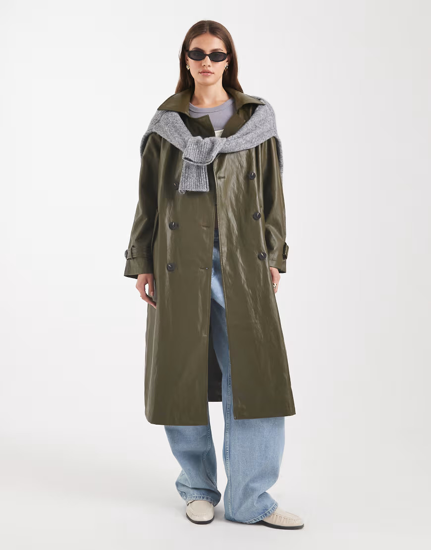ASOS DESIGN leather look trench coat in dark olive-Green | ASOS (Global)
