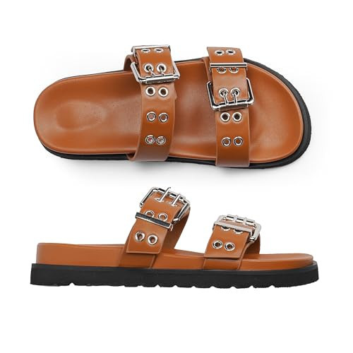 Modatope Flat Brown Sandals for Women Open Toe Slip On Platform Sandals Double Buckle Adjustable Slide Sandals Size 10 | Amazon (US)