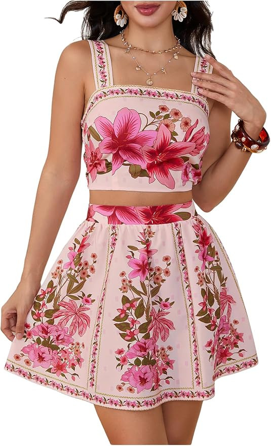 Floerns Women's Two Piece Outfit Tropical Crop Cami Top and Summer Skirts Set | Amazon (US)