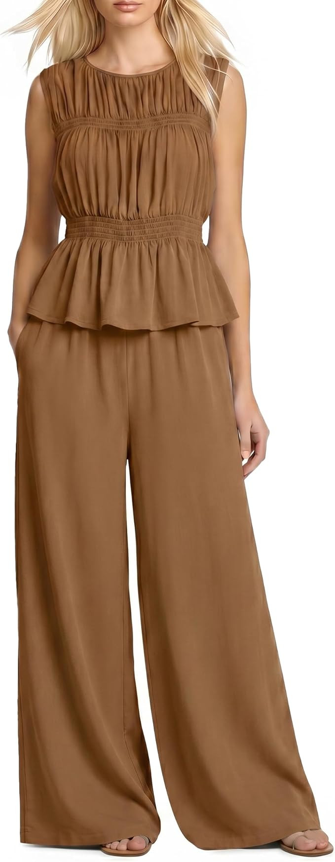 Women's 2 Piece Outfits Summer Boho Pleated Ruffle Sleeveless and Wide Leg Pants Set Casual Vacat... | Amazon (US)