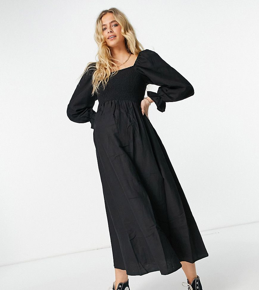 New Look Maternity shirred textured midi dress in black | ASOS (Global)