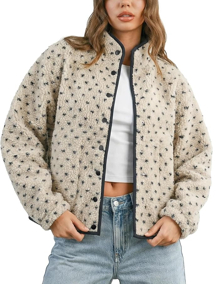 Slouchy Fleece Jacket Women Long Sleeve Button Down High Neck Polka Dot Puffer Jackets Sherpa Ove... | Amazon (US)