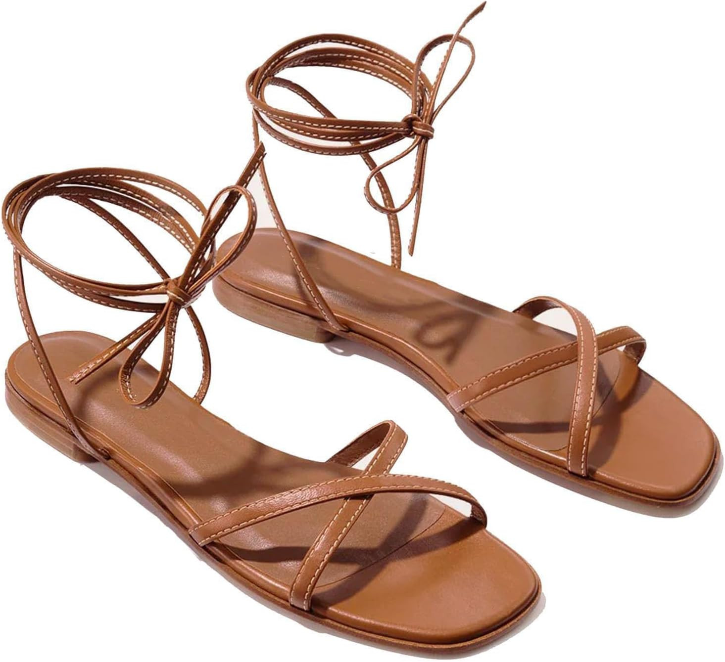 Strappy Flats Sandals for Women Summer Gladiator Lace Up Flat Sandals Open Square Toe Casual Beach Slides Sandals | Amazon (US)