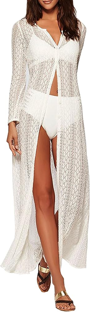 Wander Agio Womens Bikini Cover Ups Beach Coverup Swimsuits Sunscreen Long Covers All Lace White | Amazon (US)