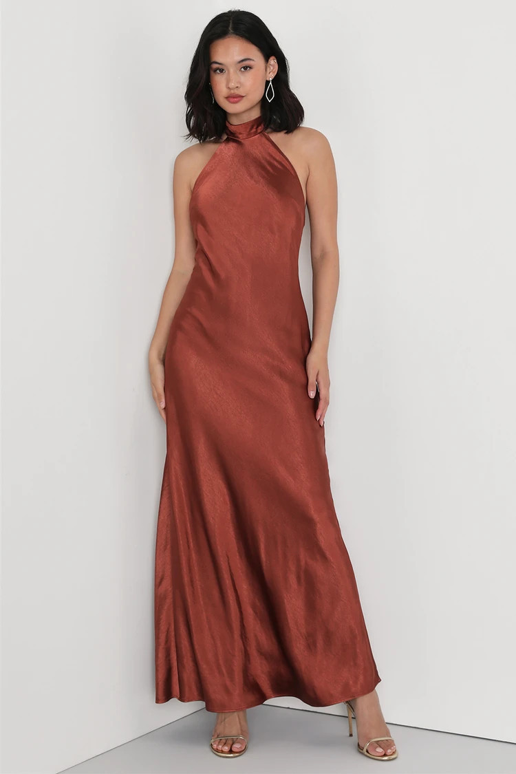 Love in Your Life Rust Brown Satin Halter Maxi Dress | Fall Wedding Guest Dress | Fall Bridesmaids  | Lulus (US)