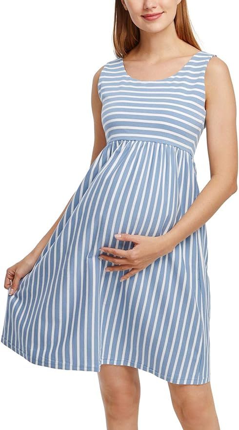 Ecavus Womens Maternity Tank Dress Stripe Color Block Sleeveless Knee Length for Baby Shower | Amazon (US)