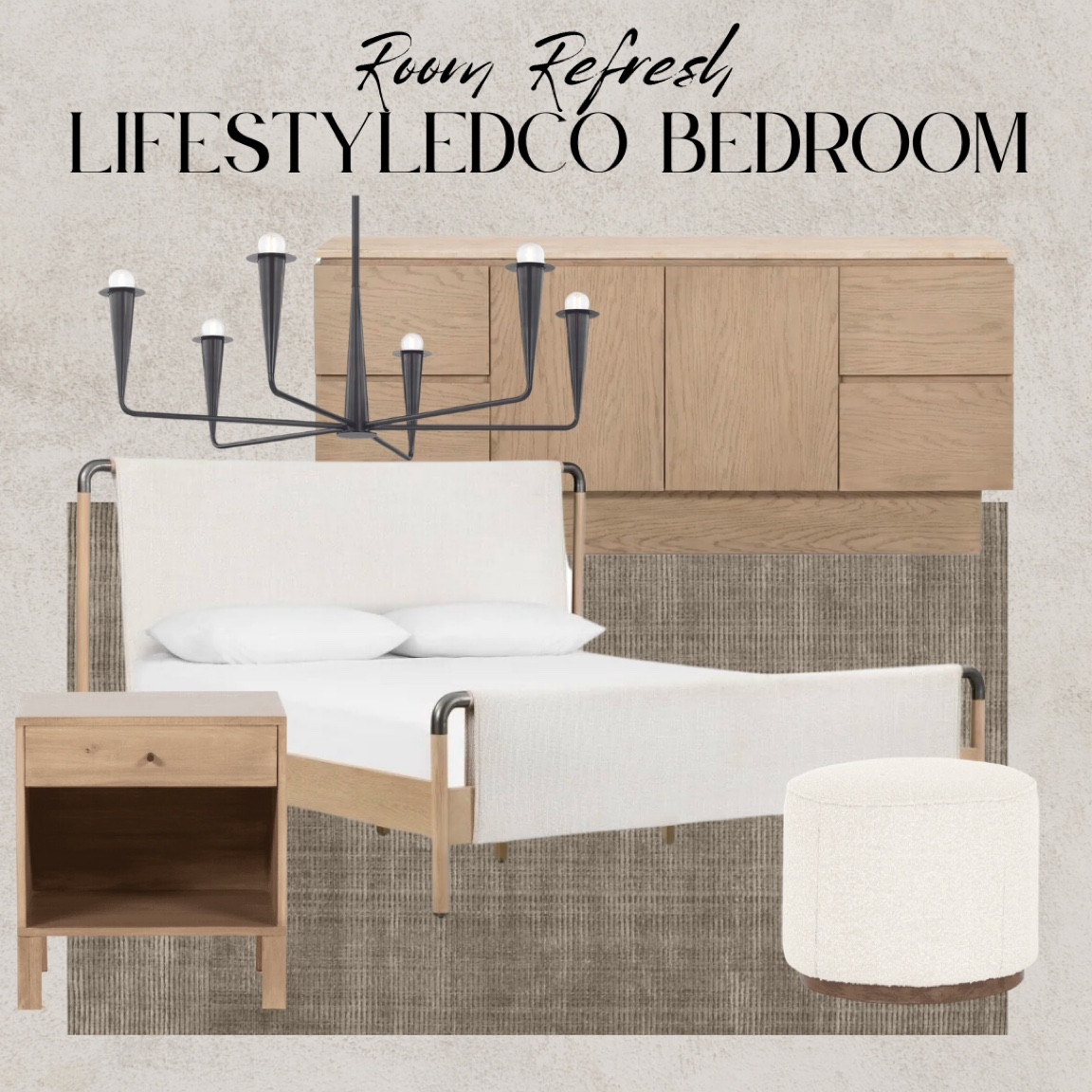 Bedroom refresh from the lifestyledco. Modern organic bedroom, black 6 light chandelier, linen upholstered bed frame, oak bed frame, white boucle ottoman, brown jute area rug, white oak sideboard, media cabinet, white oak nightstand, one drawer nightstand, travertine top sideboard

#LTKHoliday #LTKSeasonal #LTKhome