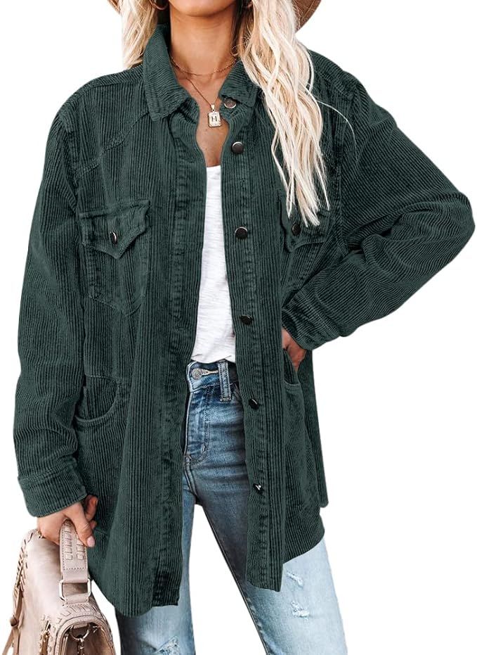 Womens Long Sleeve Button Down Corduroy Shacket Oversized Casual Collard Shirt Jacket with Pocket... | Amazon (US)