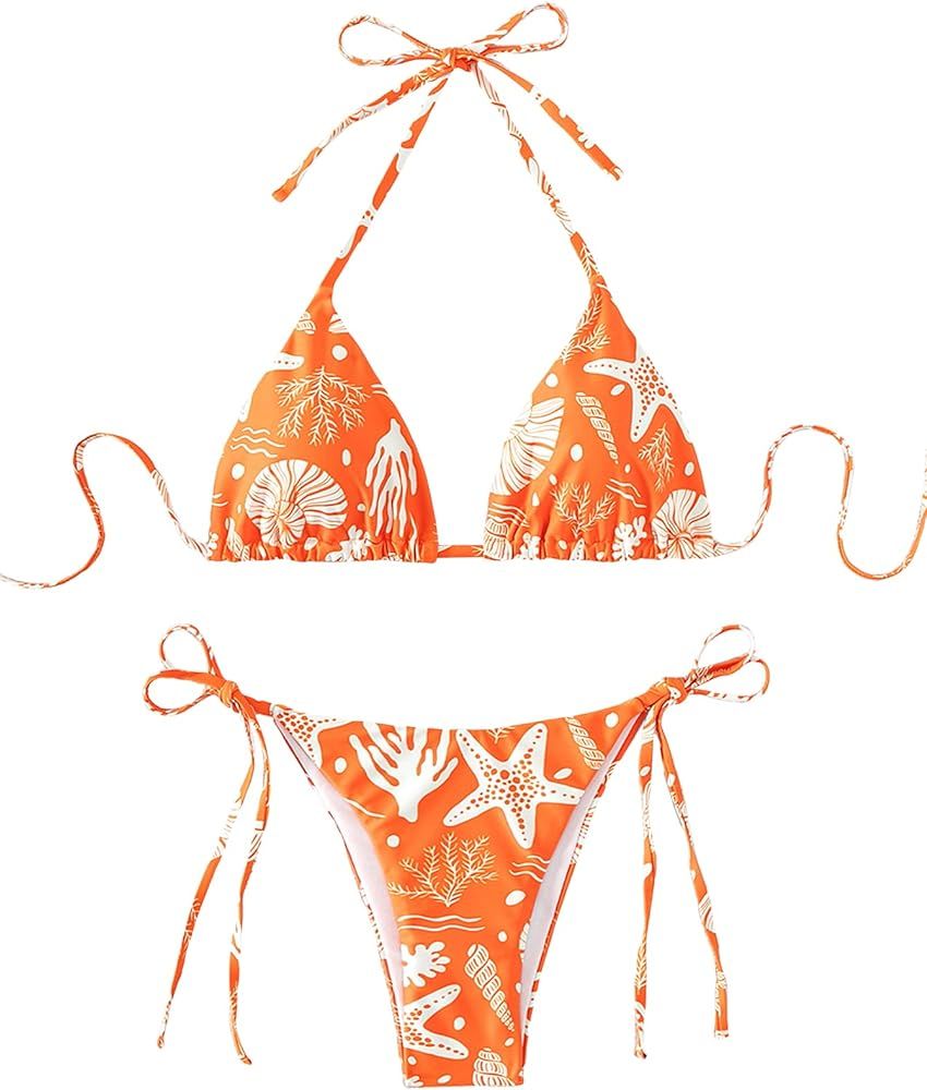 SHENHE Women's 2 Piece Striped Triangle Bikini Sets High Cut Halter Swimsuit Bathing Suit | Amazon (US)