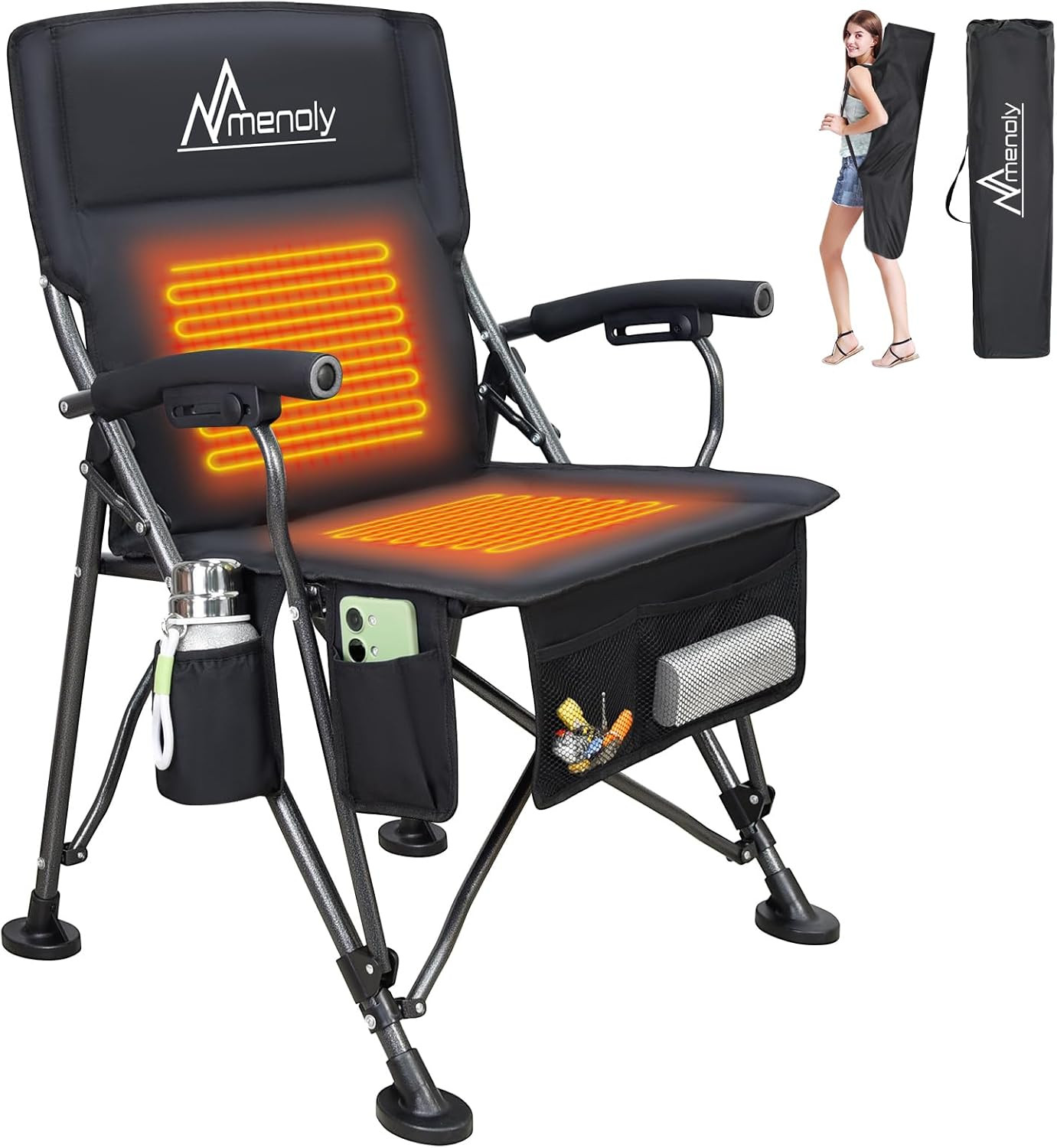 MENOLY Heated Camping Chair, Portable Heated Folding Chair, Heated Seat and Back Chair with Cup H... | Amazon (US)