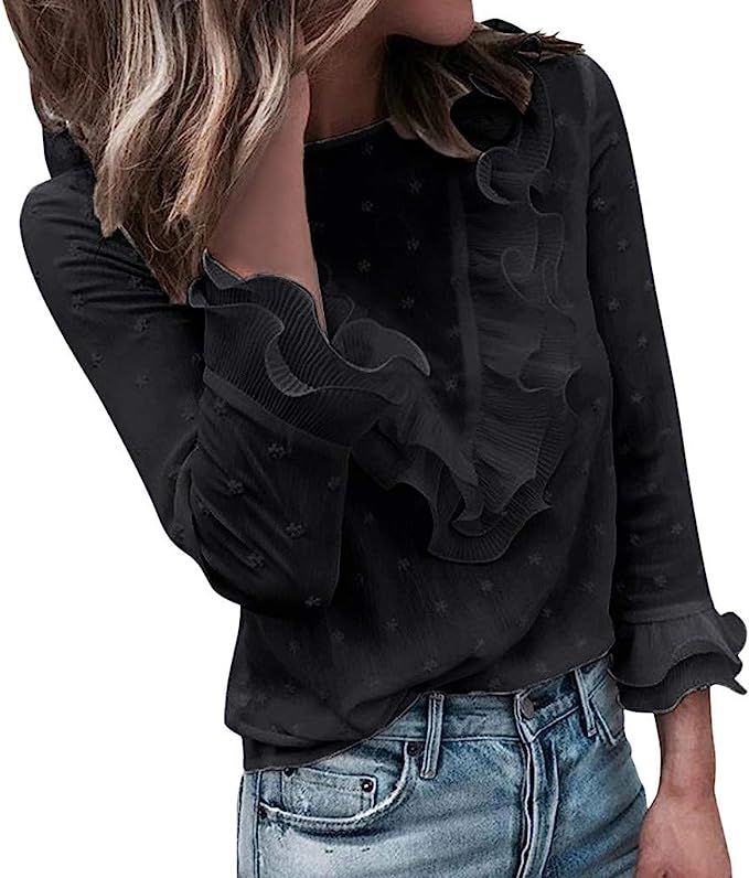 Sunhusing Ladies' Lace Polka Dot Print Round Neck Button Layered Ruffled Long Sleeve T-Shirt Top | Amazon (US)