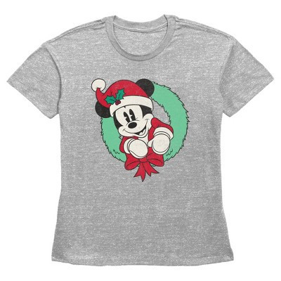 Women's Mickey & Friends Retro Festive Wreath  T-Shirt - Heather Gray - Small | Target