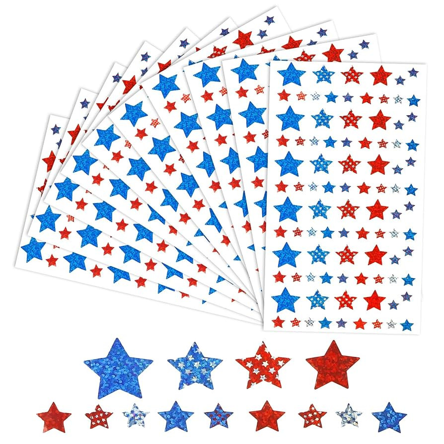 Patriotic Stickers, 900 PCS 4th of July Stickers, 10 Sheets Red White Blue Glitter Small Star Sti... | Amazon (US)