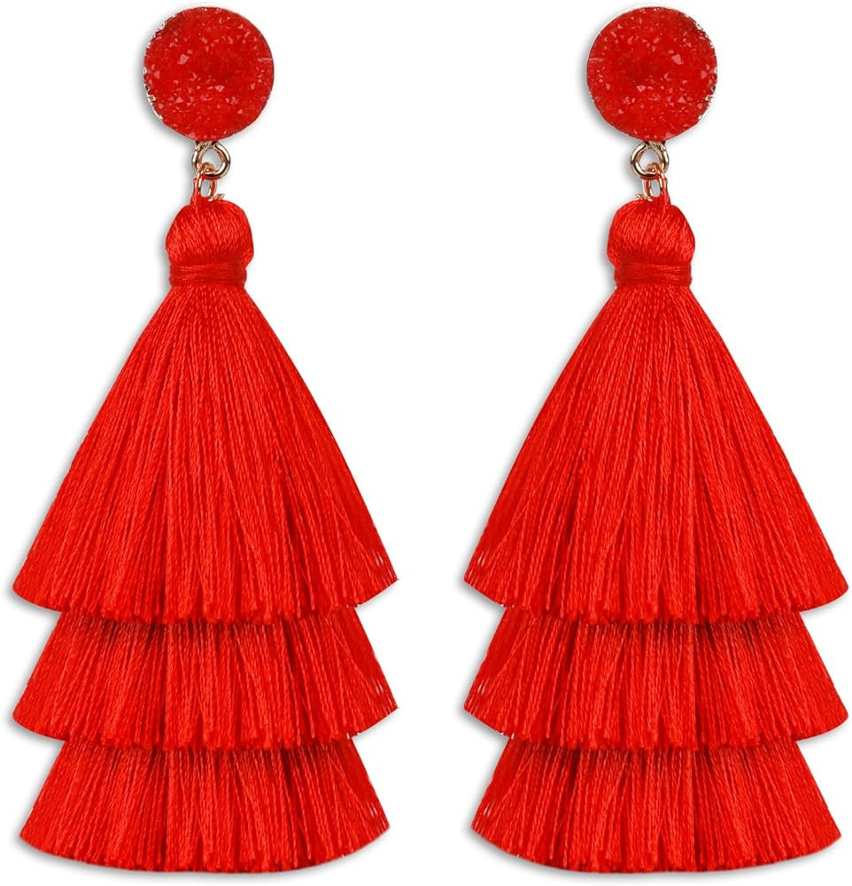 Layered Tassel Earrings Bohemian Tiered Tassel Thread Earrings Fringe Dangle Drop Earrings for Wo... | Amazon (US)