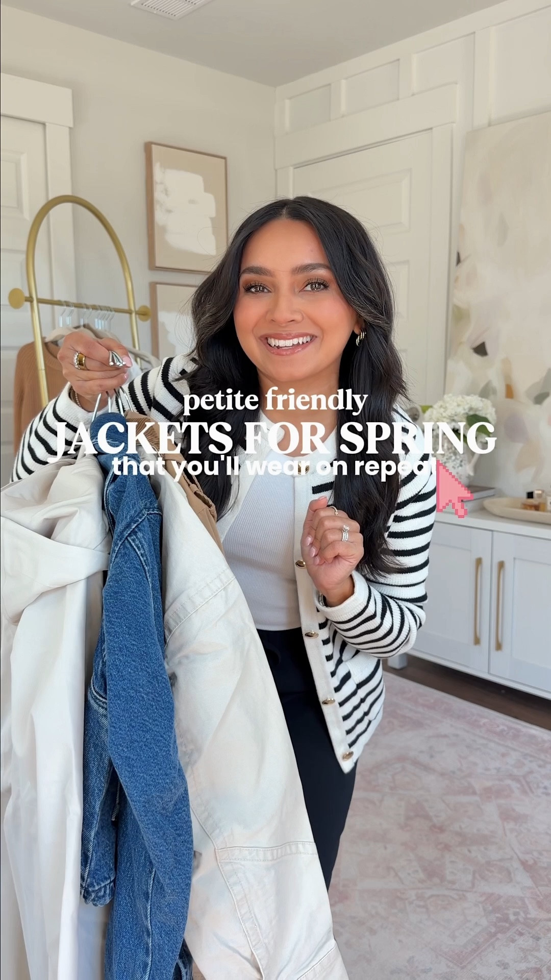 Spring Jackets and coats!
For reference: I’m 5’0, petite, 32b bra size, and 2/26 in bottoms, pear shaped. 
*Everything I share is unaltered! TTS means true to size. Between size 5-6.5 in shoes

Denim jacket size xxs TTS 
Rain jacket size xs petite TTS 
Cropped trench coat size xxs TTS 
Barn jacket size xs petite TTS 
White tank size xs petite TTS
Black stripe cardigan size xs TTS 
Black pants size small short TTS 
Sneakers size 6 TTS 

#LTKSpringSale #LTKPetite #LTKSaleAlert