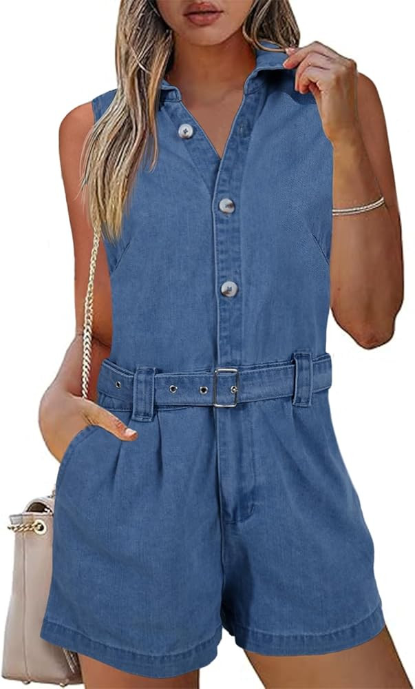 PLNOTME Women's Sleeveless Denim Rompers Summer Button Down Belted Jeans Short Jumpsuits | Amazon (US)
