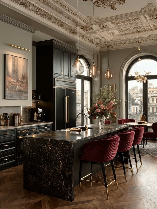 Luxury isn't always about the biggest renovation.

Sometimes it's about choosing the right details.

Imagine this kitchen without the burgundy velvet bar stools, the gold faucet, and the rich stone island. It would still be beautiful, but it wouldn't have the same warmth, softness, or personality.

One of the reasons velvet seating is becoming so popular in kitchens is because it balances all the hard surfaces around it. Kitchens are filled with stone, metal, glass, and appliances. Velvet introduces comfort, texture, and a sense of elegance that makes the space feel more inviting.

The gold faucet adds another layer of timeless beauty. Like jewelry for the kitchen, it catches the light and elevates even the simplest daily routines.

Together, velvet and gold create a kitchen that feels luxurious without feeling formal.

A few intentional upgrades. A completely different atmosphere.

#KitchenDesign #VelvetBarStools #LuxuryKitchen #ElegantAndDriven
 

 #LTKHome