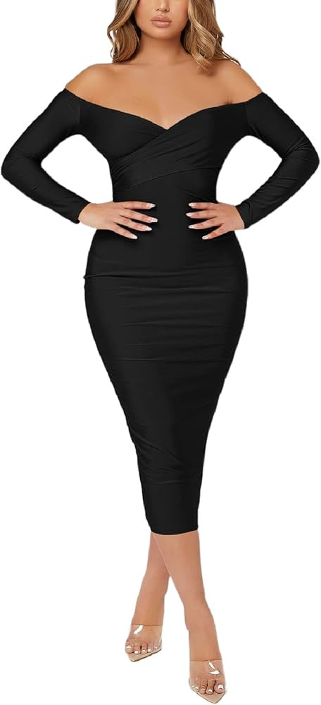 Floerns Women's Off Shoulder Long Sleeve Wrap Party Club Bodycon Long Dress | Amazon (US)