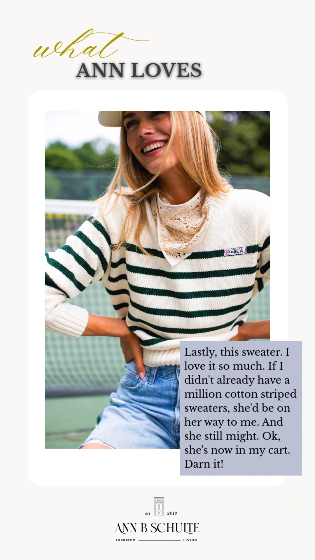 I may already own a million striped sweaters, but this green and cream cotton striped sweater still made its way into my cart. The classic crewneck style, soft cotton knit, and preppy stripes make it such an easy piece to wear with denim shorts, jeans, or layered over a tank. A timeless summer sweater with just the right amount of tennis-inspired style. 🎾💚🤍

#StripedSweater #CottonSweater #GreenStripedSweater #CreamStripedSweater #SummerSweater #PreppyStyle #TennisStyle #SummerOutfit #ClassicStyle 

 #LTKootd