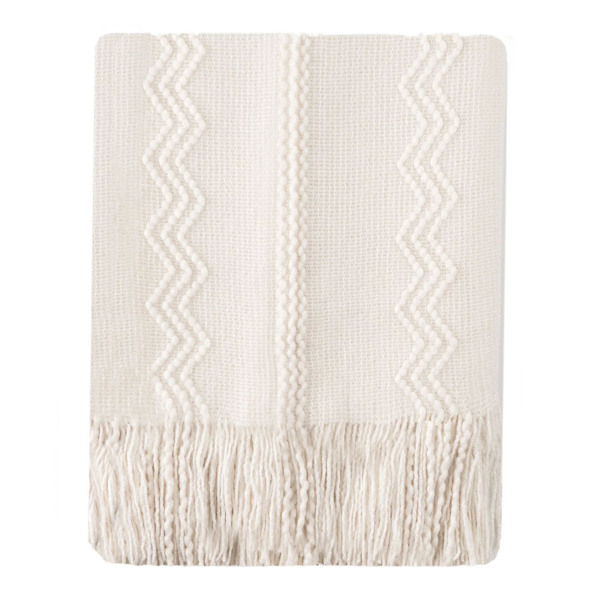Battilo Cream Knit Throw Blanket Soft Lightweight Textured White Sofa Blanket with Fringes for So... | Walmart (US)