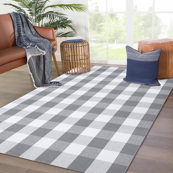 Buffalo Plaid Rug 4' x 6' Buffalo Check Rug Cotton Grey and White Washable Retro Lattice Checkere... | Amazon (US)