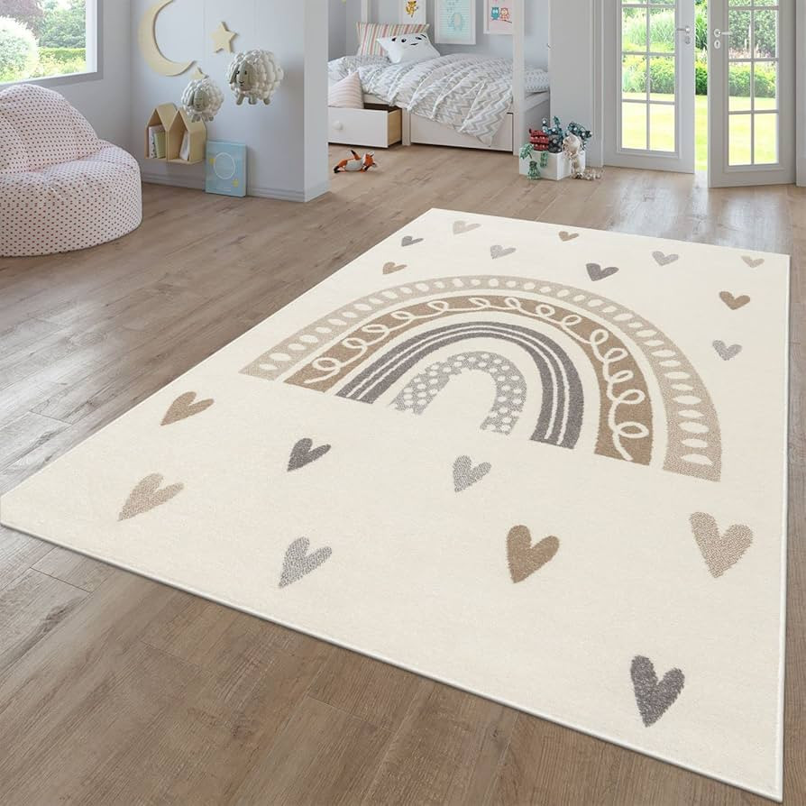 Paco Home Kids Room Rug with Rainbow and Hearts in Beige Brown, Size: 3'11" x 5'3" | Amazon (US)