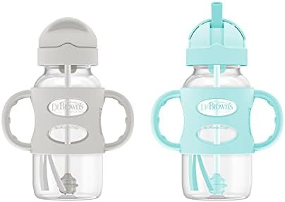 Dr. Brown's Wide-Neck Sippy Straw Bottles with Silicone Handles, Gray and Green, 9oz/270ml, 2-Pack | Amazon (US)