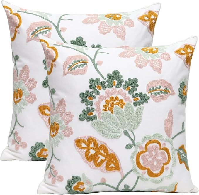 Pack of 2 Embroidered Decorative Throw Pillow Cover 18x18 Inch Farmhouse Floral Pillowcase for Li... | Amazon (US)