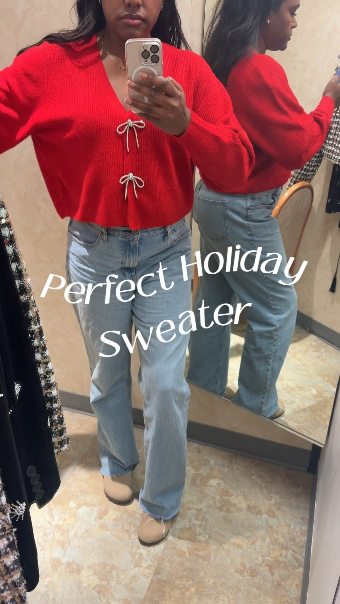 The perfect holiday sweater doesn’t exi— oh wait, yes it does 🎀❤️
This red sweater with silver bows is soft, cozy, and oversized in the best way. I sized down for a more flattering fit, but still kept that comfy holiday vibe. Perfect for parties, pictures, or just feeling festive all season long!

#HolidaySweater #FestiveFashion #RedSweater #BowSweater #HolidayOutfitInspo #CozyStyle #WinterWardrobe #LTKWinterFashion #LTKStyle #HolidayLooks #SweaterWeather #GiftGuideFashion #HolidayAesthetic

#LTKHoliday