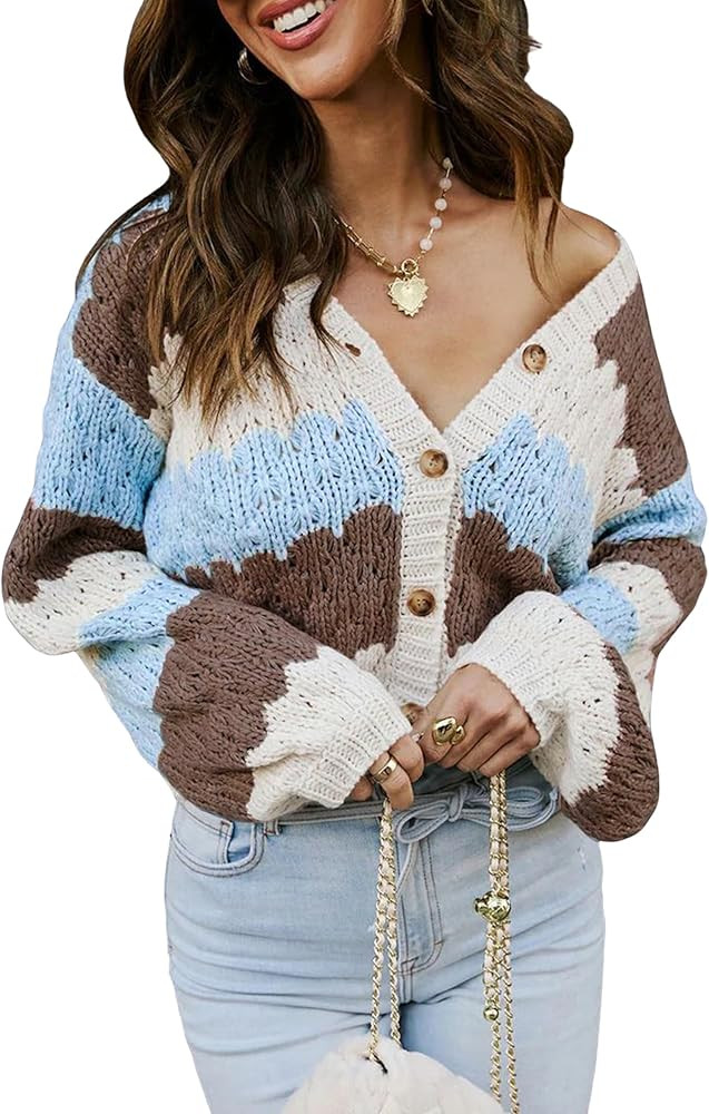 ECOWISH Women's Cropped Cardigan Sweaters 2025 Fall Striped Color Block Long Sleeve Button Up Kni... | Amazon (US)