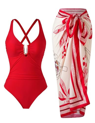 BAWHAHT One Piece Swimsuit Women with Cover Up Set Retro Bathing Suit for Women Tummy Control Beach Wrap Skirt Red | Amazon (US)