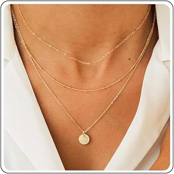 Aisansty Layered Choker Necklace Pendant Disc Bar Handmade 14K Gold Plated Dainty Satellite Pearl... | Amazon (US)