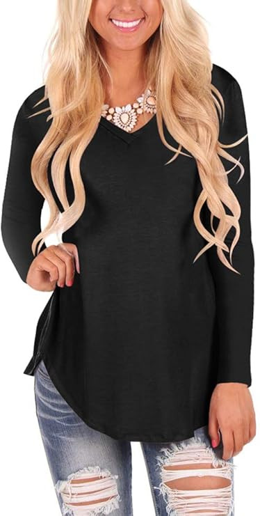 WFTBDREAM Womens Casual Curved Hem Long Sleeve T Shirt V Neck Side Slit Blouse | Amazon (US)