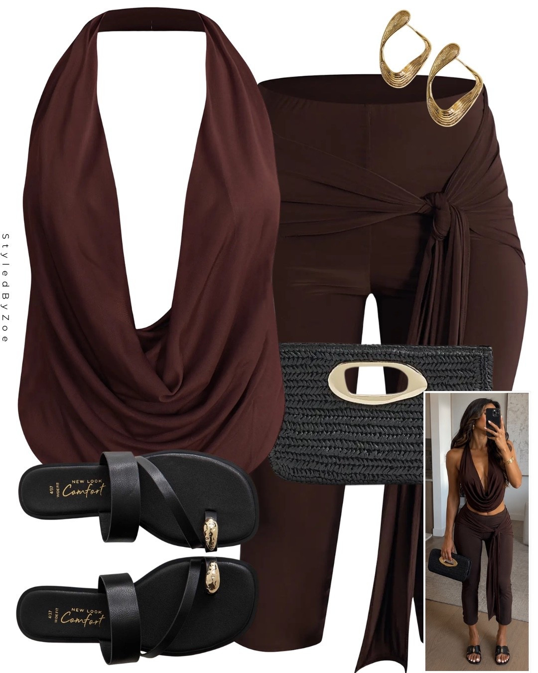 Brown on brown 🤎 the perfect summer outfit idea

This chocolate brown halter co ord is giving sultry summer evening vibes😍 draped halter top + matching tied capris for an effortless, elevated outfit. Styled with gold swirl statement earrings, a woven raffia clutch, and black straw bag 

Links below⬇️

#LTKsummer #LTKuk
