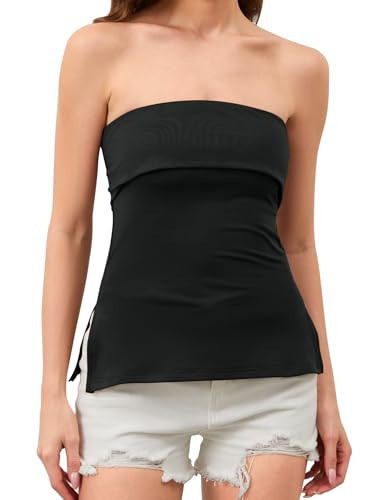 Ymejia Womens Strapless Tube Top Side Slit Fold Over Slim Fit Sexy Off Shoulder Backless Long Bandeau Tanks Going Out Tops Black | Amazon (US)