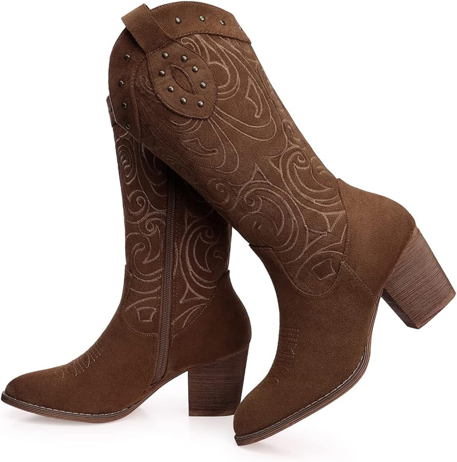 SHIBEVER Cowboy Cowgirl Boots for Women: Wide Calf Western Pointed Toe Chunky Heel Suede Embroide... | Amazon (US)