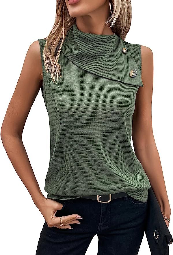 Milumia Women's Casual Waffle Knit Button Mock Neck Tank Top Sleeveless Shirts Tops | Amazon (US)