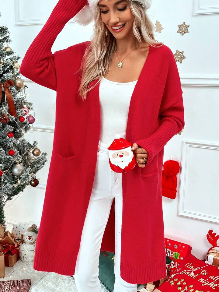 SHEIN Frenchy Dual Pocket Drop Shoulder Open Front Cardigan | SHEIN