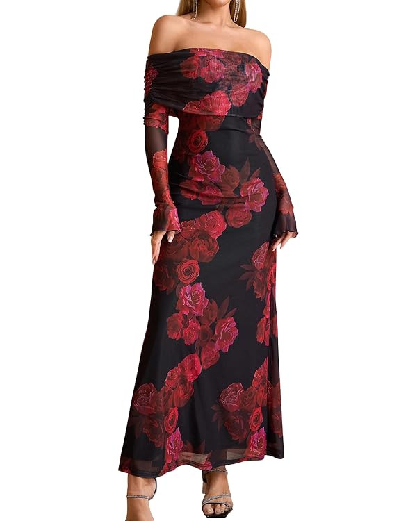 KUTUMAI Women Off Shoulder Bodycon Maxi Dress Long Sleeve Mesh Ruched Party Formal Wedding Guest ... | Amazon (US)