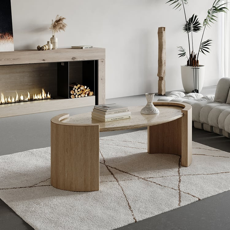 Oval Travertine Coffee Table, Japandi Style Wood Table for Living Room (42.5")｜Homary | Homary