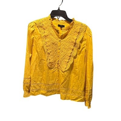 J. Crew Ruffle Neck Eyelet Cotton Blouse Mustard Yellow Size 10 | eBay US